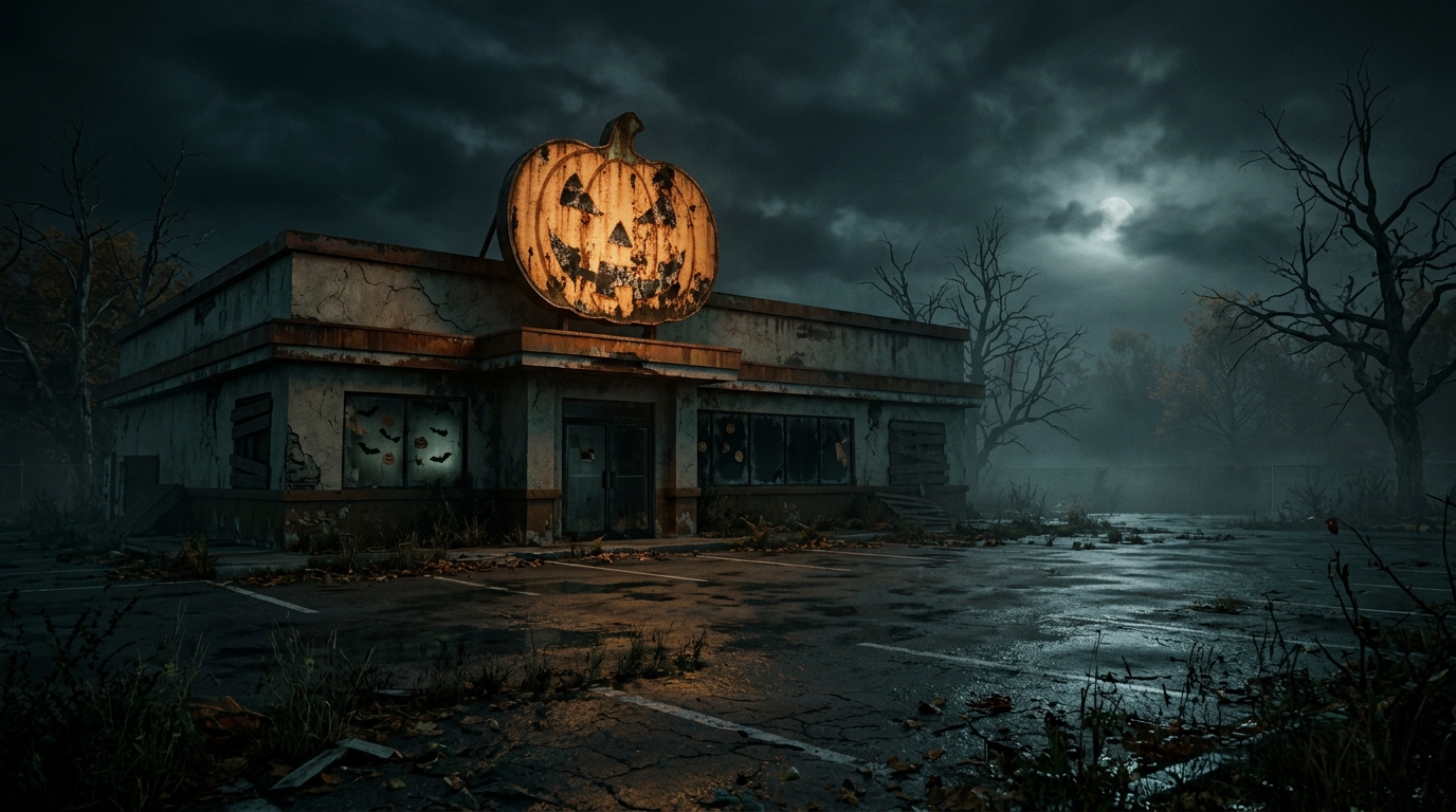 The abandoned Pumpkin Pete's pizzeria at night